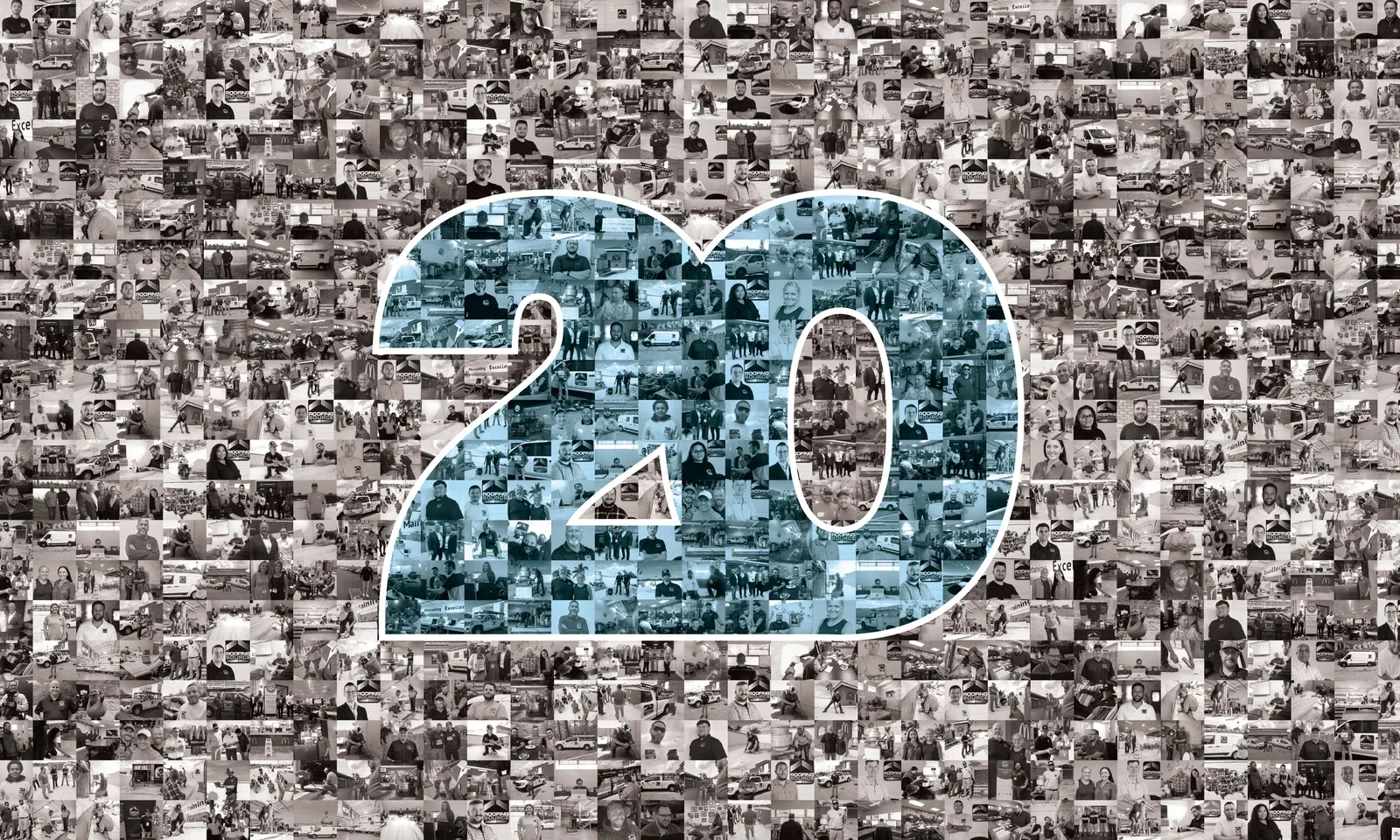 A collage of hundreds of RoofingSource photographs from twenty years, arranged to form the numeral 20.