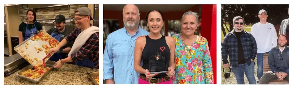 Three photographs of RoofingSource teammates at charity events: serving a meal in a kitchen, holding an award, and holding a framed certificate beside a Christmas tree
